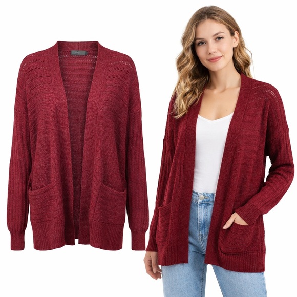 Zesica Sweaters - ZESICA | Burgundy Open Knit Cardigan | Lightweight | Pocket | Size M